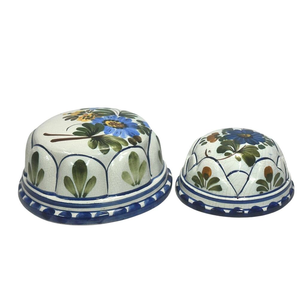 Hand-Painted Floral Ceramic Butter Dish Set in White & Blue